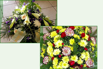 Trauerfloristik, Blumen, Kranz, Sargschmuck, Gesteck, Pflanzschale, Schleife, Schleifenfarbe